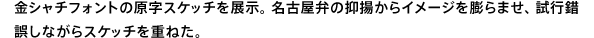 金シャチフォントの原字スケッチを展示。名古屋弁の抑揚からイメージを膨らませ、試行錯誤しながらスケッチを重ねた。