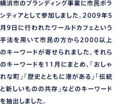 横浜市のブランディング事業に市民ボランティアとして参加しました。2009年5月9日に行われたワールドカフェという手法を用いて市民の方から2000以上のキーワードが寄せられました。それらのキーワードを11月にまとめ、「おしゃれな町」「歴史とともに港がある」「伝統と新しいものの共存」などのキーワードを抽出しました。